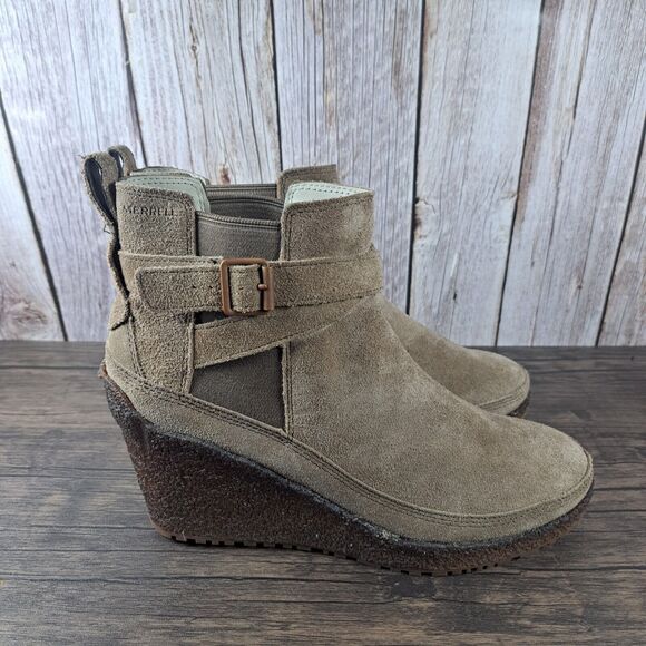 Merrell Tremblant Wedge Mid Bootie Suede Women's Sz 10.5 Stone (GUC) - Picture 3 of 9